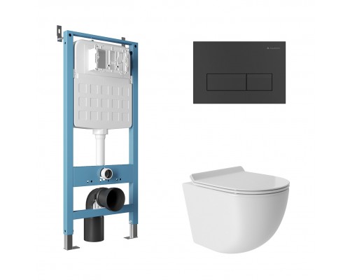 Комплект Aqueduto AQDS214Т Унитаз подвесной Ovo безободковый, с микролифтом, смыв Tornado + Система инсталляции для унитазов Tecnica Novo + Кнопка смыва Retangulo Novo черная матовая