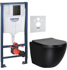 Комплект Унитаз подвесной Vincea Globo VT1-14SMB черный + Шумоизоляция Grohe 37131000 + Инсталляция Solido 38811KF0 3 в 1 с кнопкой смыва