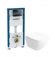 Комплект 2 в 1 Унитаз подвесной STWORKI Кронборг S28401WH безободковый, с микролифтом + Инсталляция с кнопкой Geberit Delta 50 458.128.DW.1 цвет черный