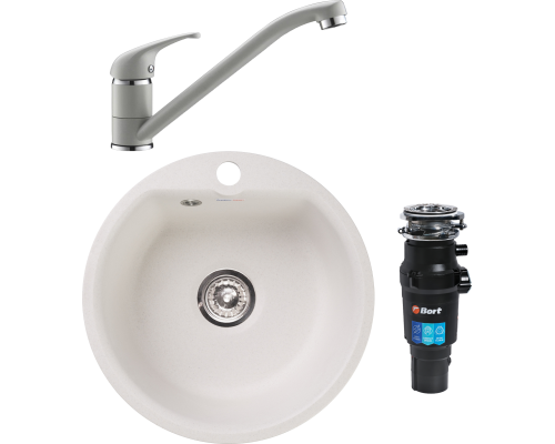 Комплект Мойка кухонная GranFest Smart SM 435 белый + Смеситель Domaci Солерно DC-3009 агат + Измельчитель Bort Titan 7000