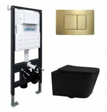 Комплект Abber Rechteck AC1201MB-AC0105-AC0120MMG, Унитаз подвесной безободковый, с микролифтом + Система инсталляции + Кнопка смыва матовое золото