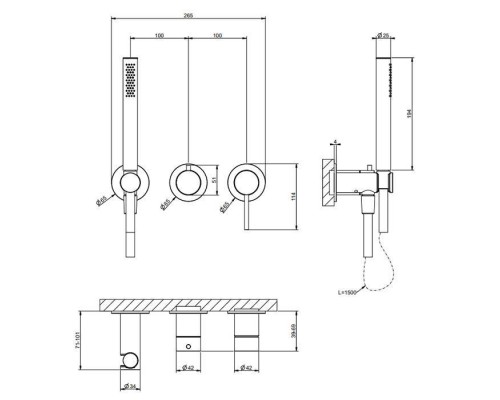 Gessi 316 Смеситель для душа, встраиваемый, на 2 источника. с подводом воды, ручной лейкой, цвет: Black XL. 54039#299