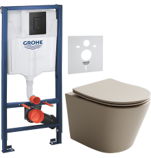Комплект Унитаз подвесной Ceramicanova Balearica Rimless CN6000MC капучино матовый + Шумоизоляция Grohe + Инсталляция Solido 38811KF0 3 в 1 с кнопкой смыва