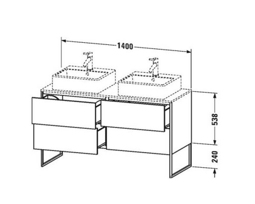 Duravit XSquare База на ножках  на 2 раковины  140х57.8х40см, с 4 выдв ящик, Цвет Темно-лиловый шелковисто-матовый с консолью, напольная, цвет: орех. 0454600000,  XS063GB77,  XS4926B9494