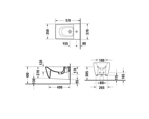 Duravit Viu Биде подвесное 37х57см., с 1 отв., безободковое, крепление Durafix, покрытие WonderGliss, цвет: белый  . 22921500001
