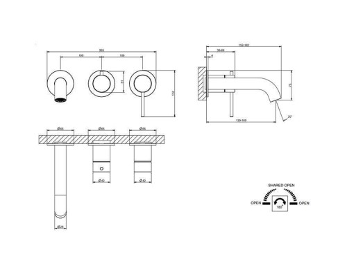 Gessi 316 Смеситель для ванны, встраиваемый, с переключателем на 2 положения, внешняя часть, цвет: Black XL. 54140#299