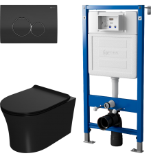 Комплект Унитаз подвесной Point Вега PN41711BM черный матовый, безободковый, с микролифтом + Инсталляция PN45122 с контейнером для гигиенических таблеток + Кнопка Виктория PN44061BC черная, хром