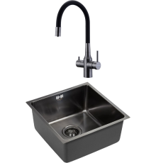 Комплект Мойка кухонная Paulmark Vista PM304444-GM вороненая сталь + Смеситель Salix 213419-GM вороненая сталь, черный, с гибким изливом