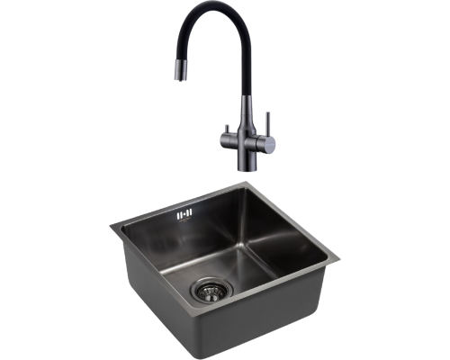 Комплект Мойка кухонная Paulmark Vista PM304444-GM вороненая сталь + Смеситель Salix 213419-GM вороненая сталь, черный, с гибким изливом