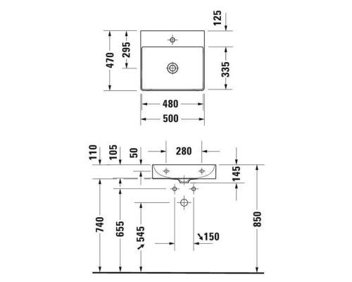 Duravit DuraSquare Раковина подвесная 50х47см, с отметками на 2 отв., без перелива, с покрытием WonderGliss, цвет: белый. 23535000141