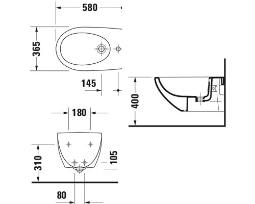 Duravit Architec Биде подвесное с перел., с плоскостью под смес.,вкл. крепление Durafix, 36х58см., цвет: белый. 2531150000