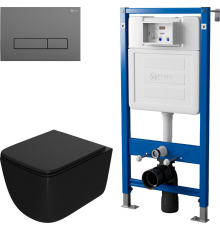 Комплект Унитаз подвесной Point Меркурий PN41831BM черный матовый, безободковый, с микролифтом + Инсталляция PN45122 с контейнером для гигиенических таблеток + Кнопка PN44831GM графит