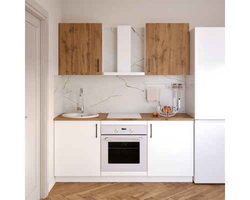 Кухонный гарнитур Domaci Болонья 180 см, фасад белый, дуб вотан, ручка черная, столешница дуб вотан KUH-767470