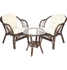 Комплект садовой мебели TetChair New Bogota (2 кресла + стол со стеклом), с подушками, ротанг, walnut