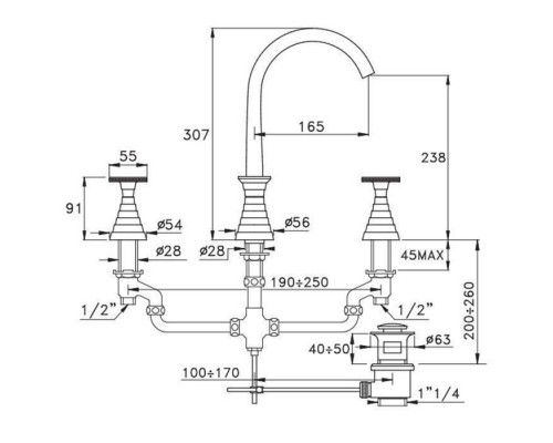 Stella Titian Смеситель для раковины на 3 отверстия 3222 с высоким изливом, с донным клапаном, цвет: хром. TT 00015 CR00