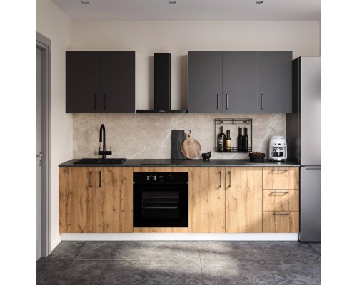 Кухонный гарнитур Domaci Болонья 260 см, фасад дуб вотан, графит, ручка черная, столешница луна KUH-1008798