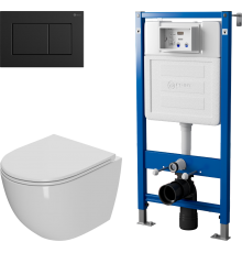 Комплект Унитаз подвесной Point Афина PN41041 белый глянцевый, безободковый, с микролифтом + Инсталляция PN45122 с контейнером для гигиенических таблеток + Кнопка Ника PN44081BM черная матовая