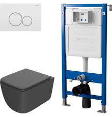 Комплект Унитаз подвесной Point Меркурий PN41831GM серый матовый, безободковый, с микролифтом + Инсталляция PN45122 с контейнером для гигиенических таблеток + Кнопка Виктория PN44061WC белая, хром