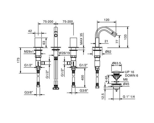 Fantini Venezia Смеситель для биде, 3 отв., излив: 120 мм, цвет: хром. 29 02 N409S,  29 02 N448