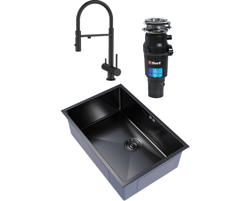 Комплект Мойка кухонная Mixline 548573 черный графит + Смеситель IDDIS Ace ACEBLFFi05 черный матовый, с гибким изливом + Измельчитель Bort Titan 7000