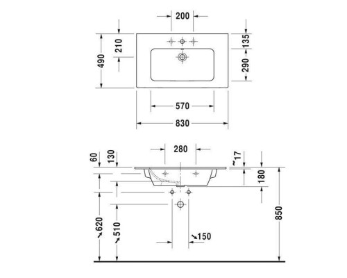 Duravit ME by Starck Раковина 83x49 см, 3 отв., цвет: белый. 2336830030