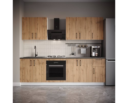 Кухонный гарнитур Domaci Болонья 260 см, фасад дуб вотан, ручка черная, столешница луна KUH-1008786