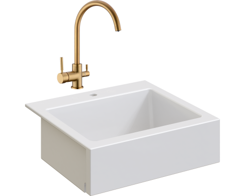 Комплект Мойка кухонная Domaci Сиена 50166-101 с 1 отверстием, белый глянец + Смеситель Равенна DCB 3007 золото