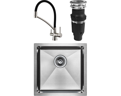 Комплект Мойка кухонная Paulmark Gerberg PM214444-BS брашированная нержавеющая сталь + Смеситель Siegen Si213111-NI с гибким изливом + Измельчитель Bone Crusher BC 610-AS