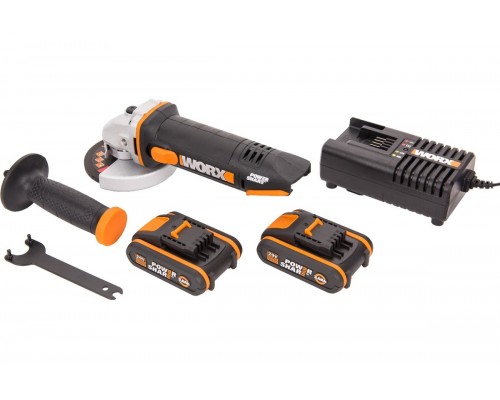 Угловая шлифмашина аккумуляторная WORX WX800,20В, 115 мм, 2*2,0Ач, кейс