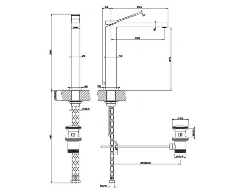 Gessi Rettangolo K Смеситель для раковины на 1 отверстие, с донным клапаном, излив 213мм, цвет: black XL. 53003#299