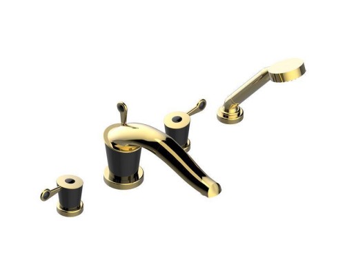 THG BAGATELLE PIERRE NOIRE MANETTES Смеситель для для установки на борт ванны на 4 отверстия, с ручным душем, ручки черные, цвет: полированное золото. U3F-F01-112BSG THG BAGATELLE PIERRE NOIRE MANETTES Смеситель для для установки на борт ванны на 4 отверстия, с ручным душем, ручки черные, цвет: полированное золото. U3F-F01-112BSG