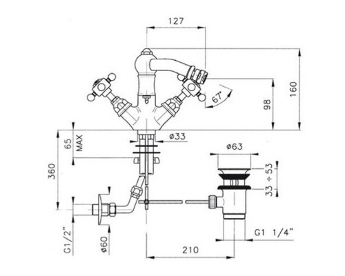 Nicolazzi Half Dome Смеситель для биде с 2мя ручками, на 1 отв., с донным клапаном, излив 127мм, цвет: хром. 1434CR70