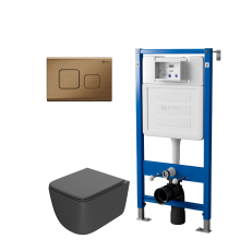 Комплект Унитаз подвесной Point Меркурий PN41831GM серый матовый, безободковый, с микролифтом + Система инсталляции для унитазов Point PN45122 с контейнером для гигиенических таблеток + Кнопка смыва Point Афина PN44041G золото