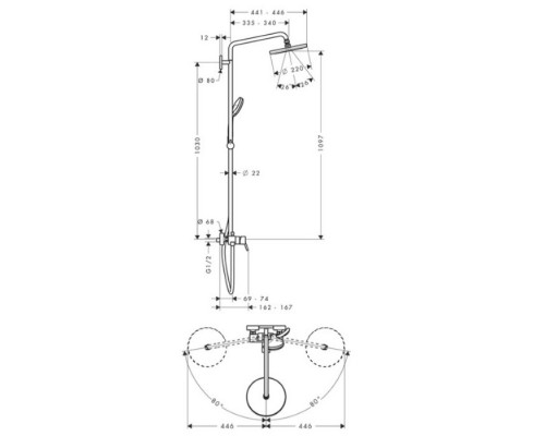 Hansgrohe Croma Душевая система Showerpipe: верхний душ 220 1jet, ручной душ, смеситель для душа, штанга для душа, держатель для душа, цвет: хром. 27222000