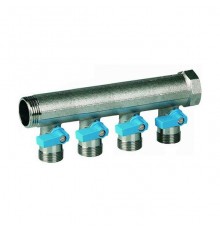 Коллектор Henco 1  с синими шаровыми кранами 4 выхода 3/4  под евроконус. VB060504-BLAUW