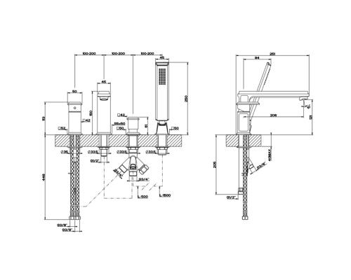 Gessi Eleganza Смеситель для ванны на 4 отверстия, с переключателем, изливом и ручным душем, цвет: хром. 46037#031