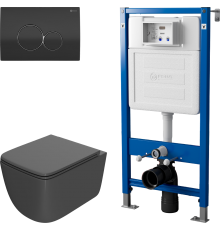 Комплект Унитаз подвесной Point Меркурий PN41831GM серый матовый, безободковый, с микролифтом + Инсталляция PN45122 с контейнером для гигиенических таблеток + Кнопка Виктория PN44061BC черная, хром