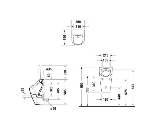 Duravit ME by Starck Dry Писсуар Duravit Rimlessreg; 0,5 л без смывного края, подача воды сзади, вкл. Крепеж, Цвет: белый. 2812300000