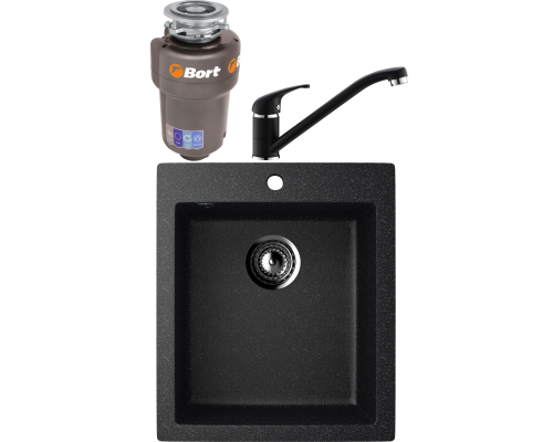 Комплект Мойка кухонная Ulgran U-404 -308 черная, встраиваемая, российская, матовая, квадратная + Смеситель Domaci Солерно DC-3009 морион + Измельчитель Bort Titan Max Power FullControl