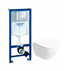 Комплект 2 в 1 Унитаз подвесной STWORKI Кронборг S28401WH безободковый, с микролифтом + Инсталляция с кнопкой Grohe Rapid SL 38772001 цвет хром