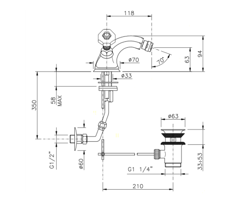 Nicolazzi Teide Смеситель для биде с донным клапаном, излив: 118 мм, ручки Crystal handle, цвет: хром. 1934CR15