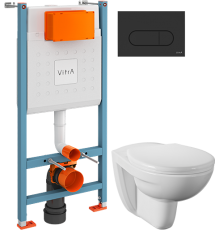 Комплект Унитаз подвесной Norm Fit 6855B099-1777 + Крышка 803-003-701 + Инсталляция VitrA V-Fix Core 732-5800-01 с кнопкой смыва Root R 740-2211 черной матовой