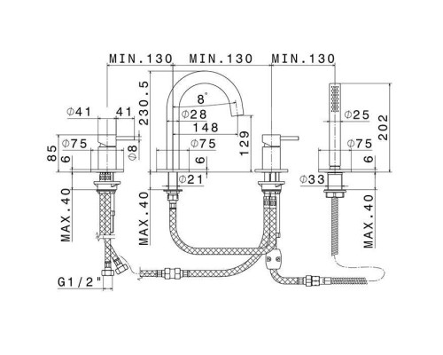 Newform X-STEEL 316 Смеситель для ванны набортный с изливом, в комплекте руч. душ, шланг, цвет: INOX. 69682XC.50.050
