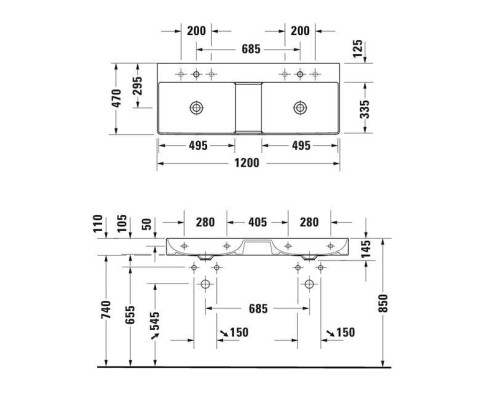 Duravit DuraSquare Раковина подвесная 120х47см, с отметками на 2 отв., двойная, без перелива, с покрытием WonderGliss, цвет: белый. 23531200401