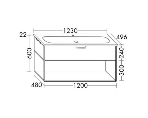 Burgbad Vry Комплект мебели 1230х496х600 мм, подвесной, 1 ящик, 1 полка, раков белая глянц с 1 отв для смес, ручка G0253, цвет белый матовый. SGUJ123F6019GO253C0001*1