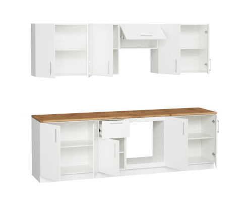 Кухонный гарнитур Domaci Болонья 260 см, фасад белый, ручка хром, столешница дуб вотан KUH-1008799