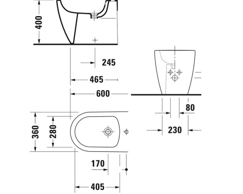 Duravit Me by Starck Биде напольное приставное 37х60 см, с 1 отв. под смеситель, с креплением, цвет: белый. 2289100000