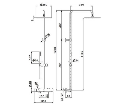 Newform XT Душевая стойка с термо смес., верхний душ 25см, ручной душ, шланг 150 см, цвет: хром. 61165.21.018