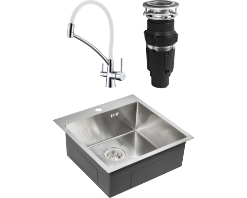 Комплект Мойка кухонная Paulmark Kroner PM215151-BS брашированная нержавеющая сталь + Смеситель Siegen Si213111-CRw хром, с гибким изливом + Измельчитель Bone Crusher BC 610-AS