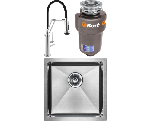 Комплект Мойка кухонная Paulmark Gerberg PM214444-BS брашированная нержавеющая сталь + Смеситель Domaci Равенна DCB 7012 сатин, с гибким изливом + Измельчитель Bort Titan Max Power FullControl